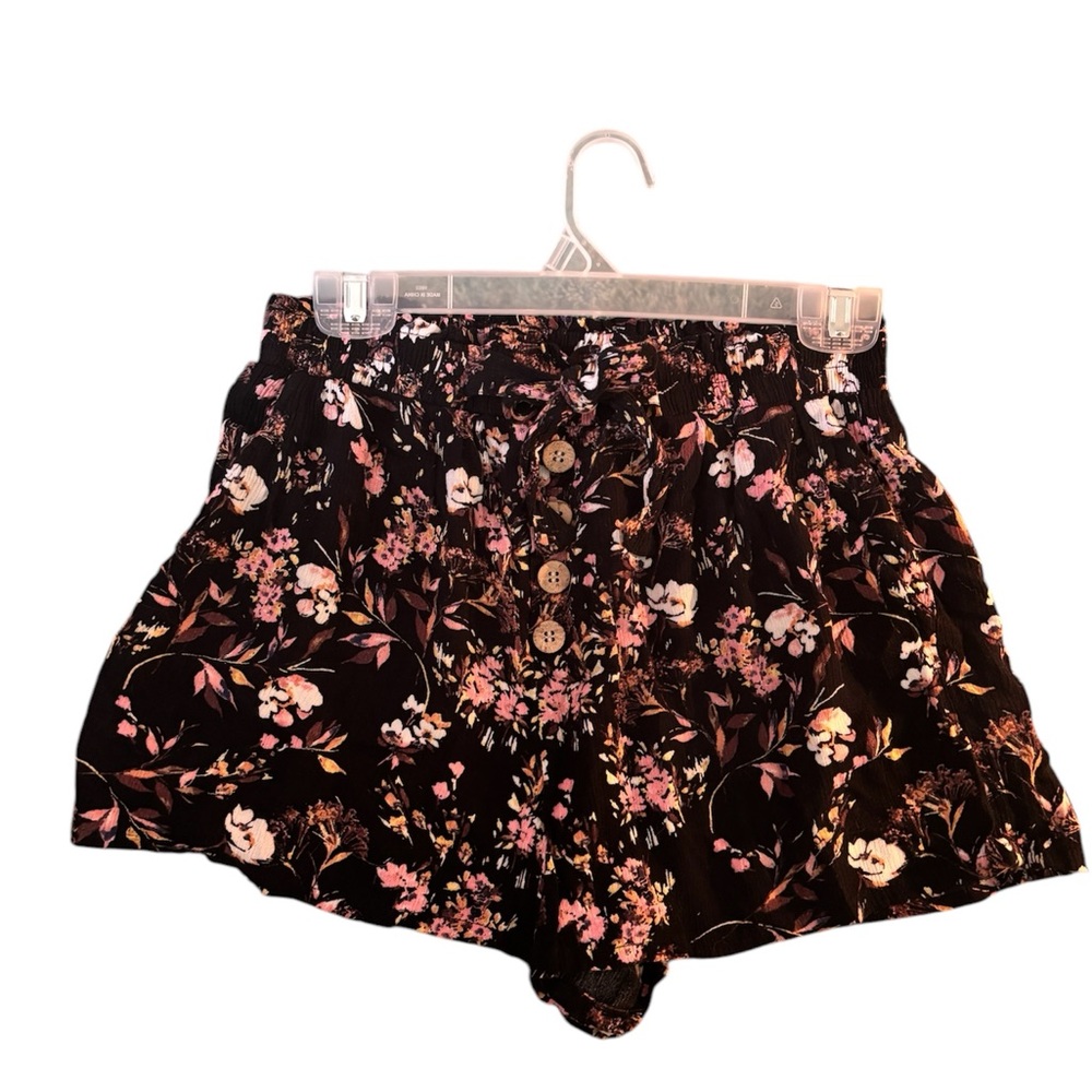 High Waist Black and Pink Flowy Floral Shorts